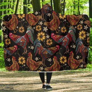 Chickens with Flowers Embroidery Pattern Hooded Blanket